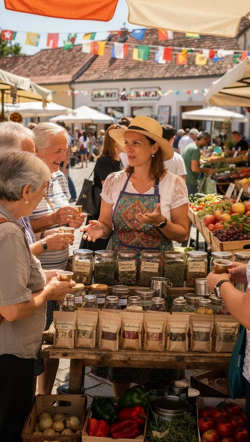 Egészséges életmódot bemutató kép, teával és ízületi gyakorlatokkal.