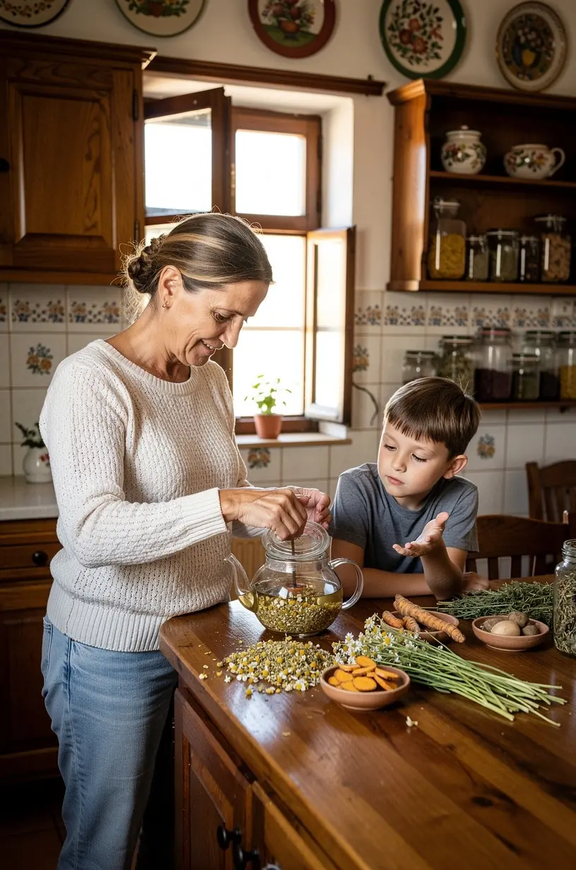 Közelkép egy átlátszó teáscsészéről, benne gyulladáscsökkentő gyógynövényekkel.